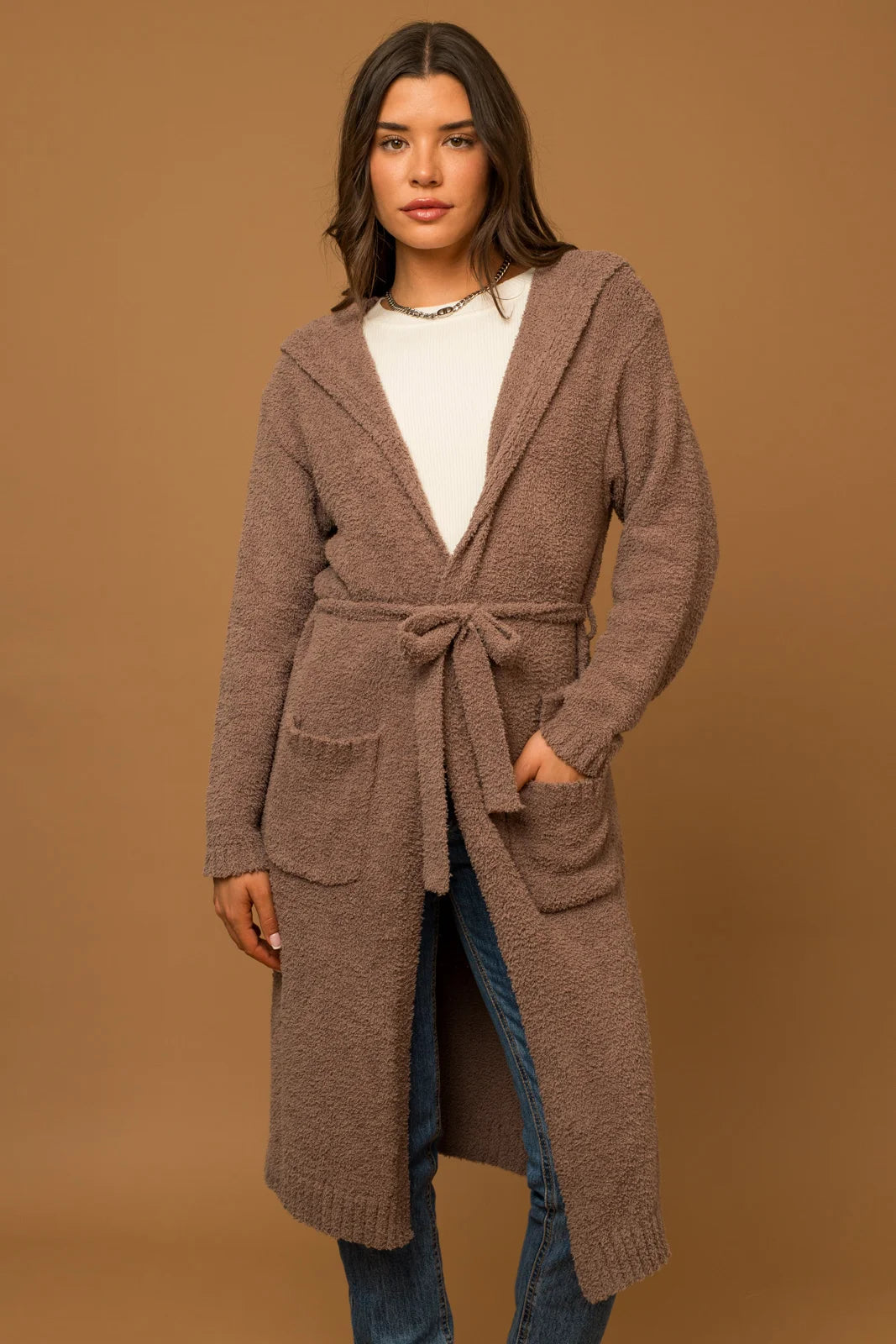 Hooded Front Pocket Long Belted Cardigan