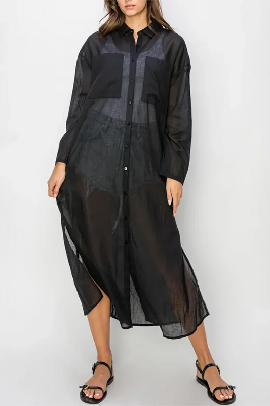 Sheer Linen Button-Down Side Slits Beach Cover-Up Shirt Dress - Tasha Apparel Wholesale