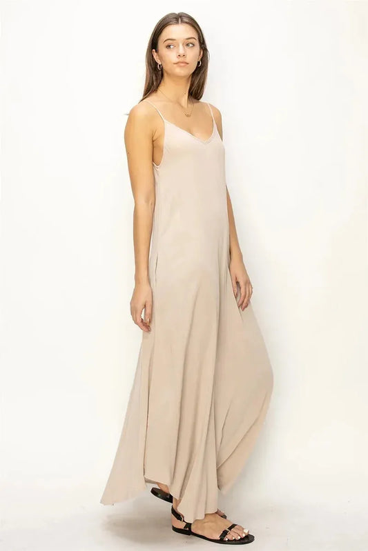 Flowy V-Neck Open Back Spaghetti Strap Side Pocket Maxi Dress - Tasha Apparel Wholesale