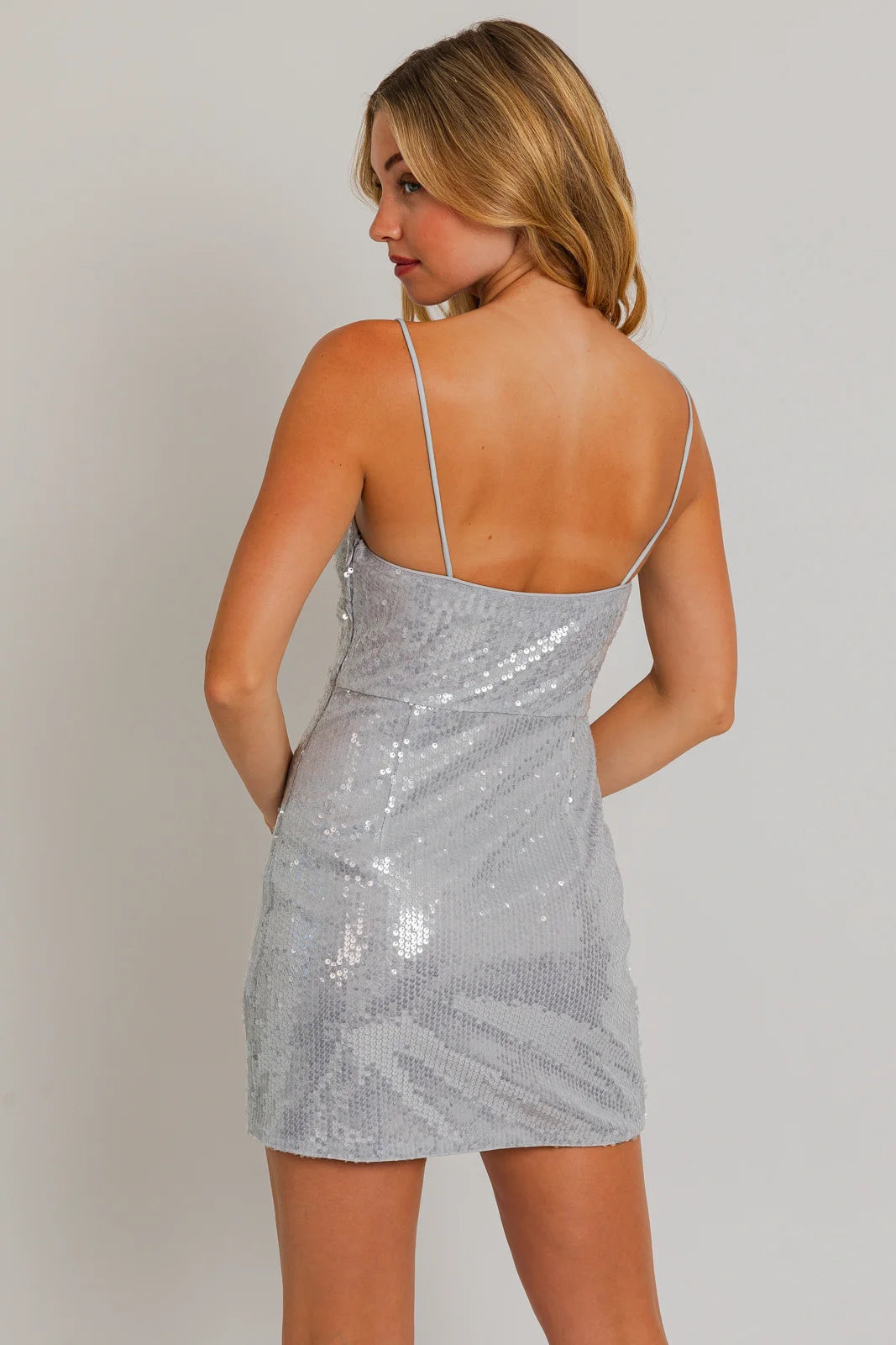 Silver Sequin Spaghetti Strap Mini Dress