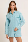 Long Sleeve Collared Cargo Denim Romper