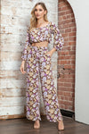 Retro Floral Off-Shoulder Crop Top & Wide Leg Pants Two-Piece Set - Tasha Apparel Wholesale