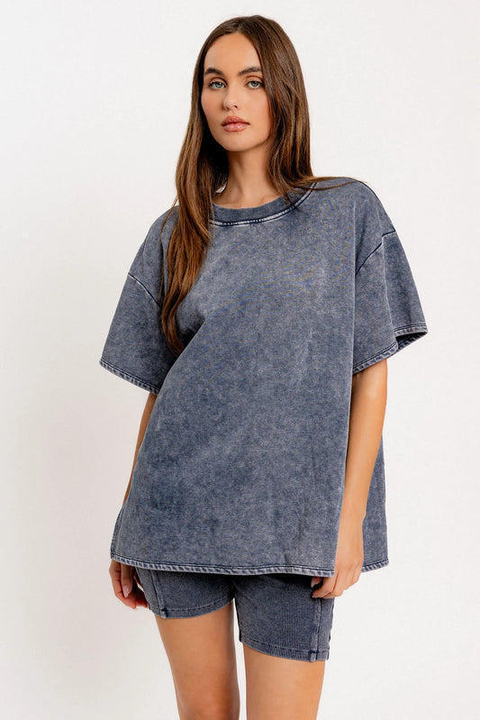 Short Sleeve Crew Neck Washed Oversized Basic Tunic Top