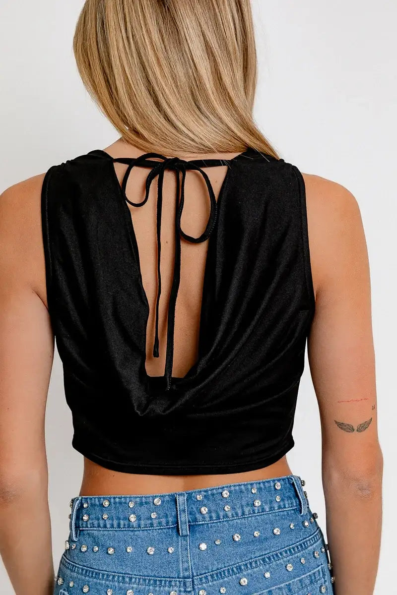 Sleeveless Cowl Neck Back Tie Crop  Top