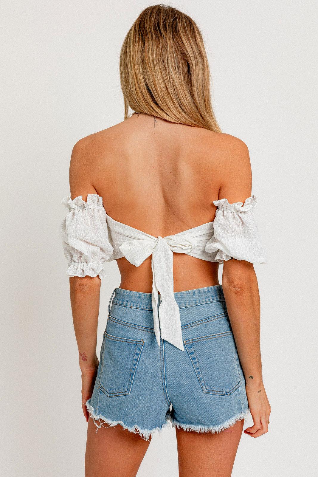 Off Shoulder Frill Stripe Ruffle Crop Top - Tasha Apparel Wholesale