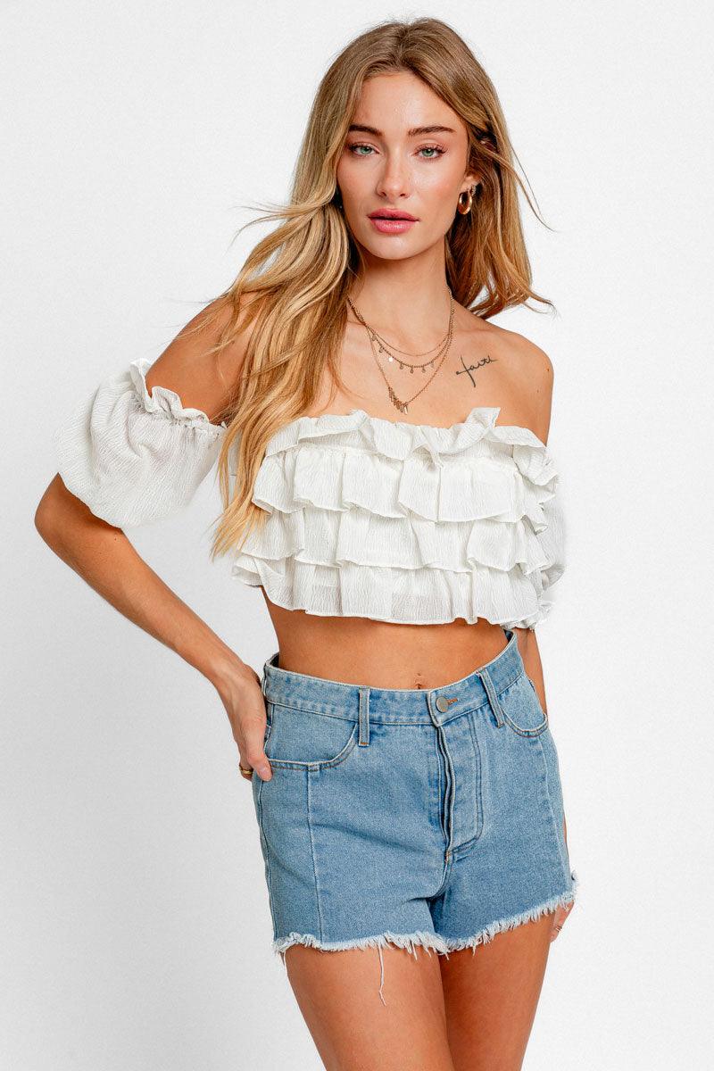 Off Shoulder Frill Stripe Ruffle Crop Top - Tasha Apparel Wholesale