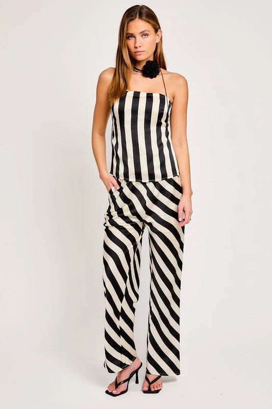 Strapless A-Line Striped Top and High Waisted Pants Set