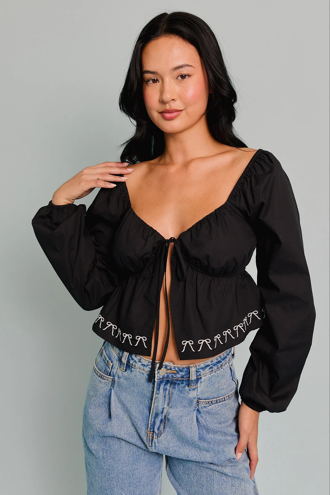 Boho Embroidered Front Tie Open Crop Top