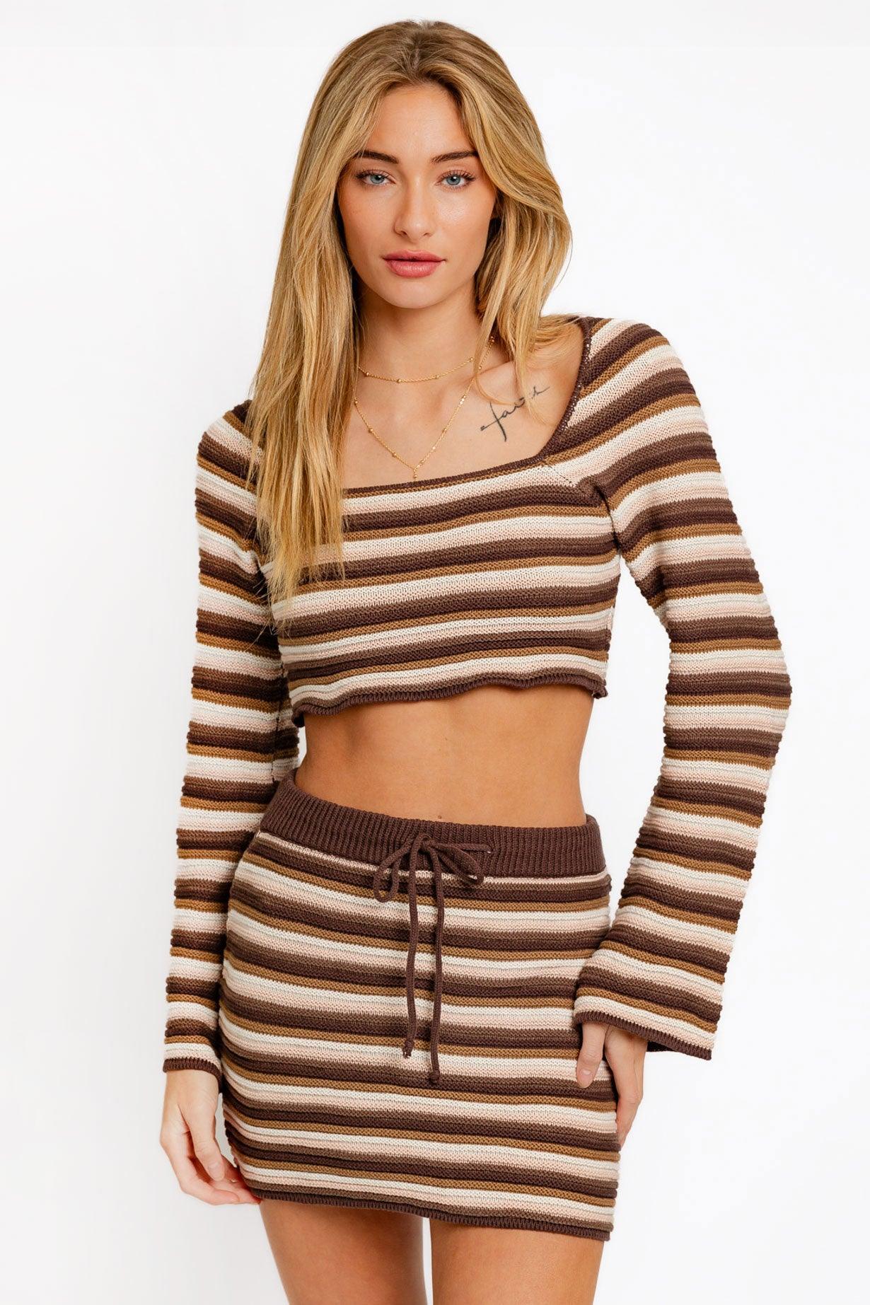 Stripe Crochet Crop Sweater Top & High Waist Skirt Set - Tasha Apparel Wholesale