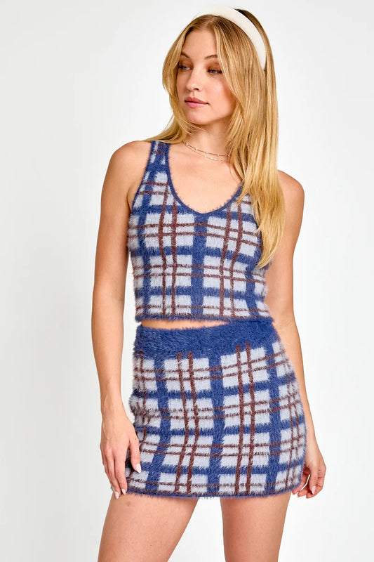 Sleeveless V-Neck Check Pattern Sweater Top & Mini Skirt Set