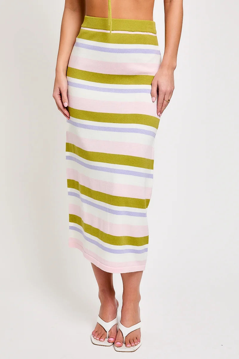 Striped Rib Sweater Crop Top & High Waist Midi Skirt Set