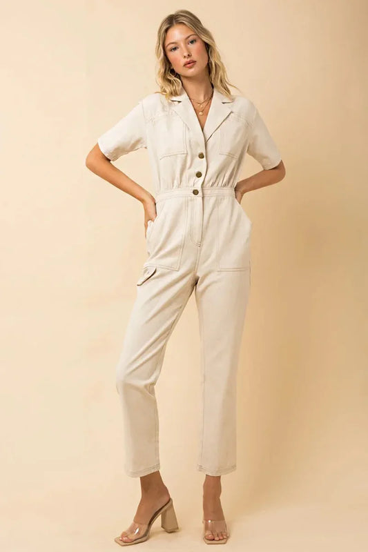 Short Sleeve Button Up Utility Denim Jumpsuit