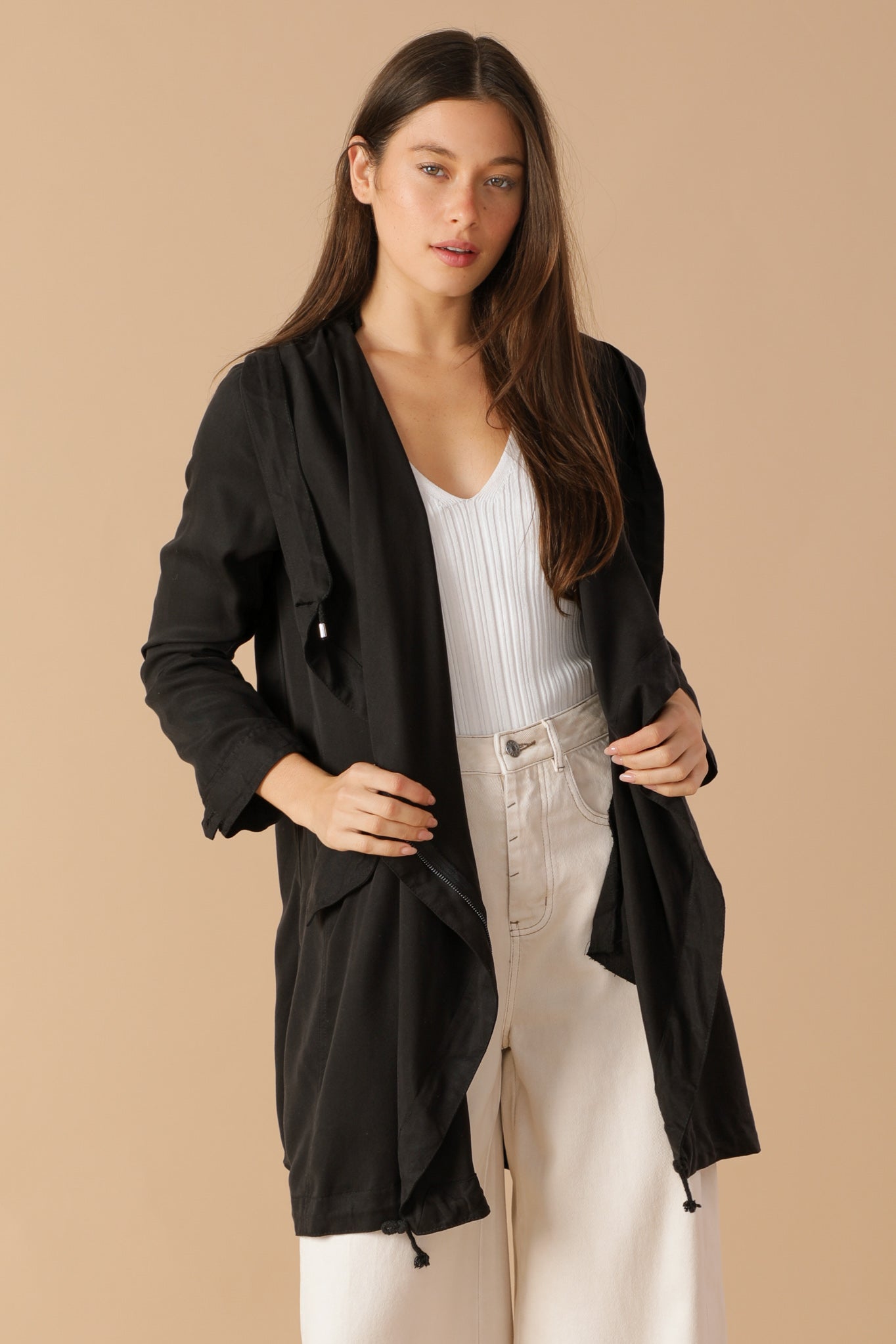 Draped Wide Asymmetrical Lapel Collar Hooded Jacket