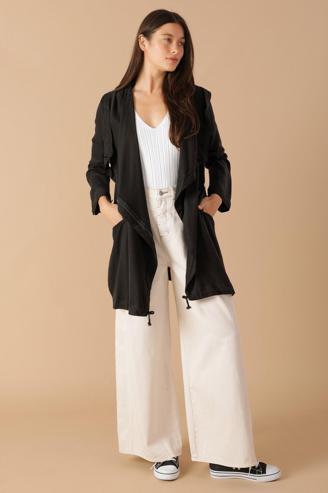 Draped Wide Asymmetrical Lapel Collar Hooded Jacket