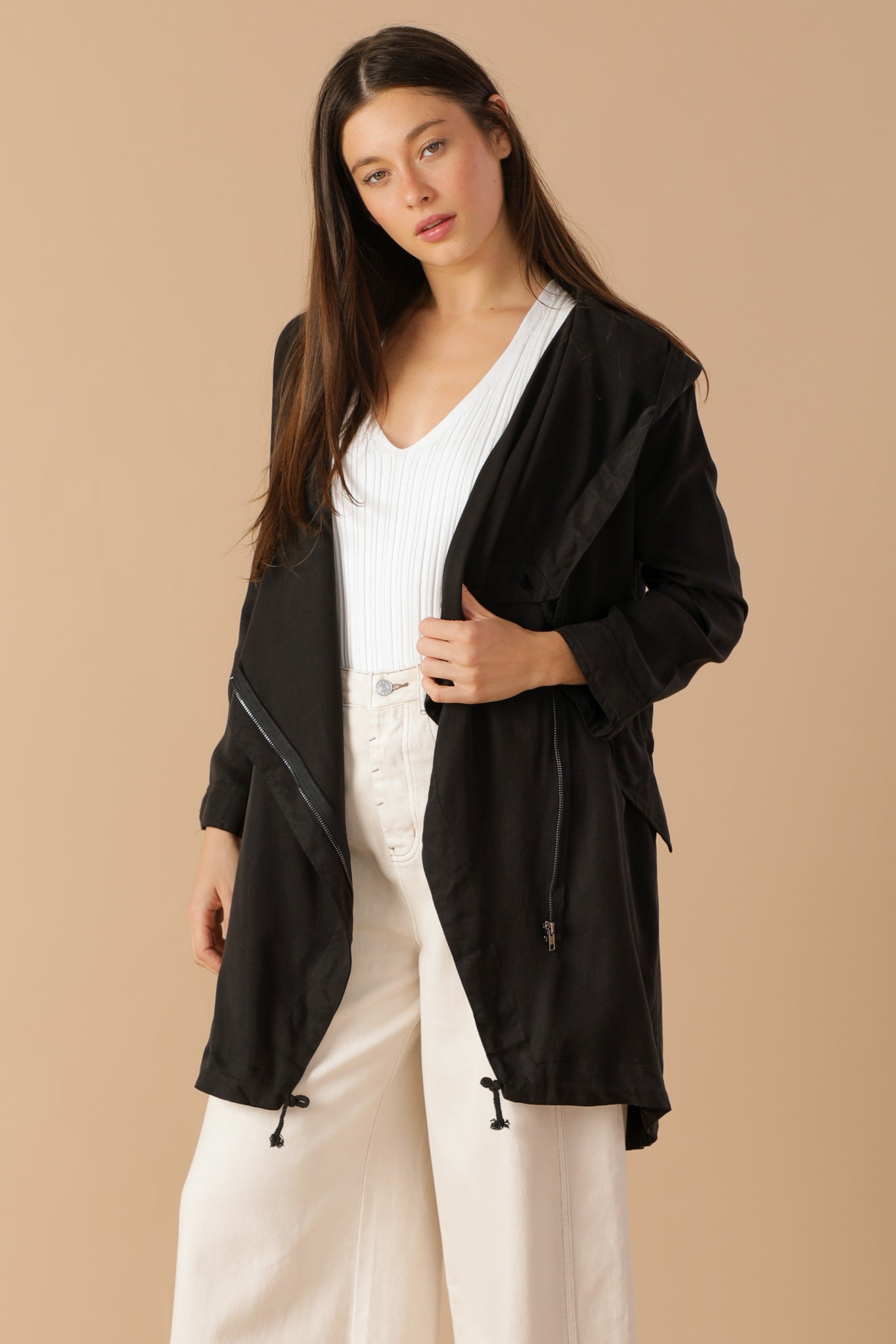 Draped Wide Asymmetrical Lapel Collar Hooded Jacket