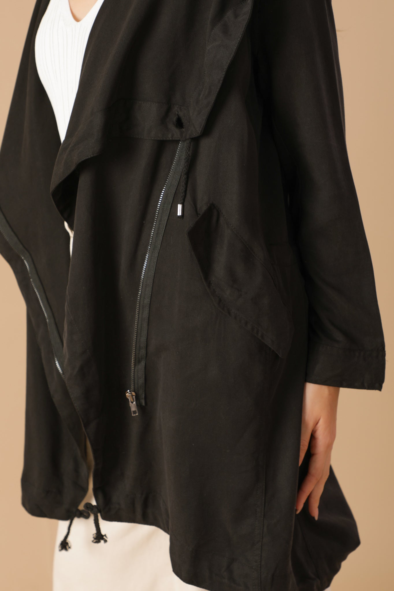 Draped Wide Asymmetrical Lapel Collar Hooded Jacket