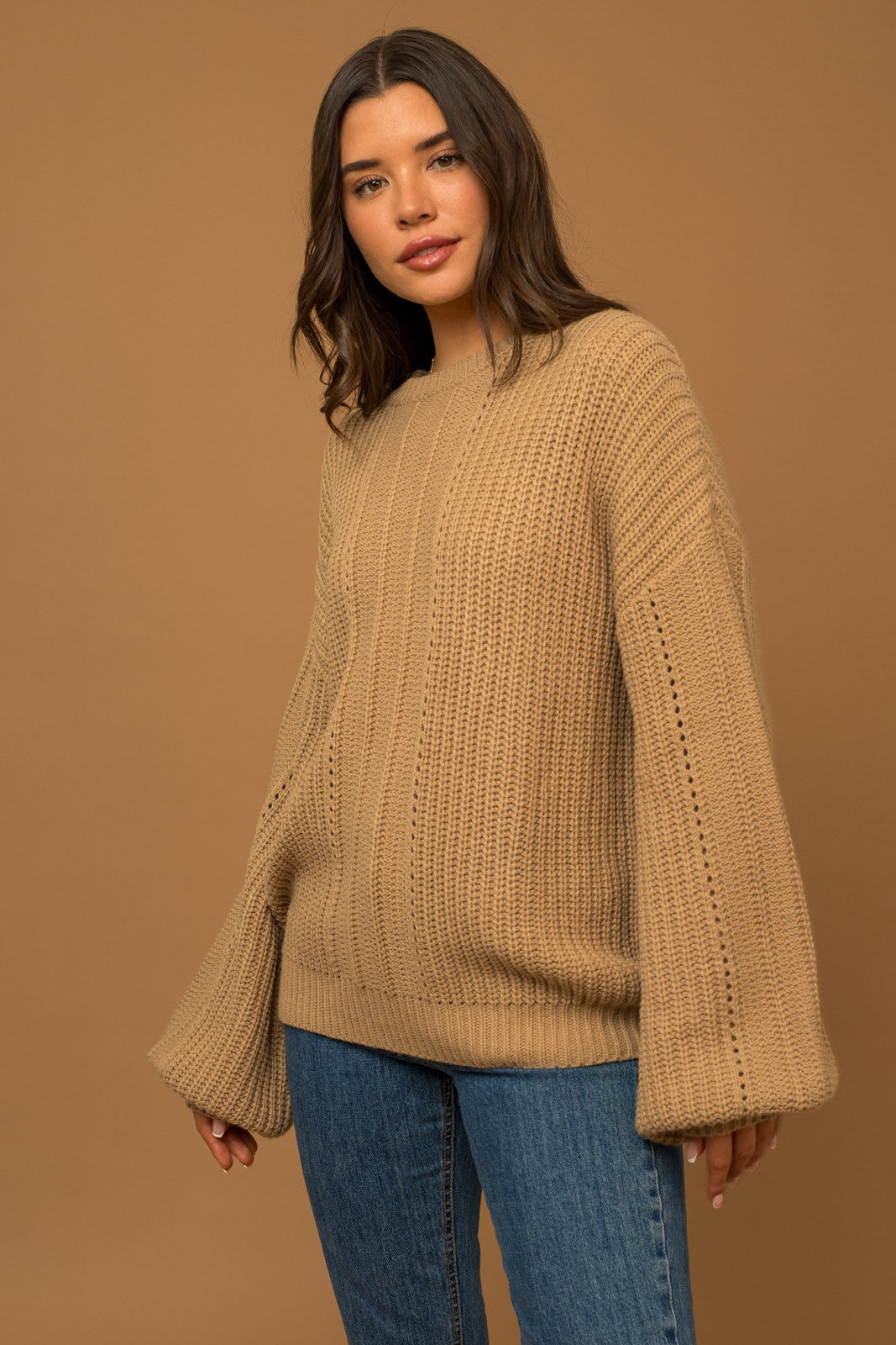 Round Neck Balloon Sleeve Braid Knit Sweater