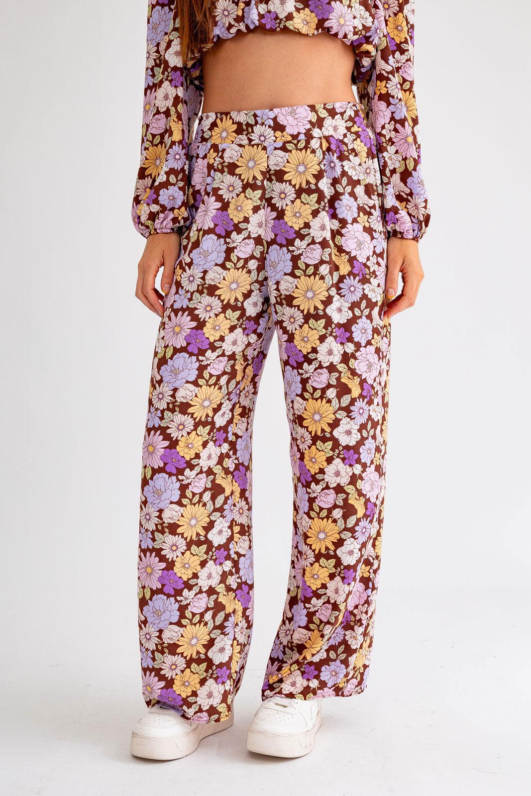 Floral Long Sleeve Crop Top& Wide Leg Pants Set - Tasha Apparel Wholesale