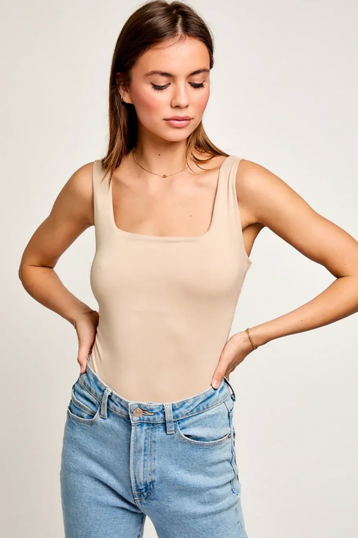 Square Neck Basic Essential Stretchy Bodysuit Tank Top - Tasha Apparel Wholesale