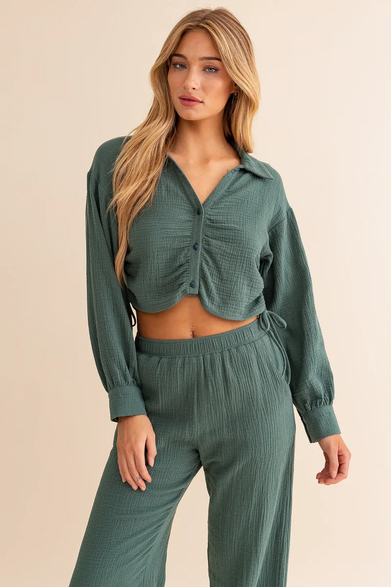 Side Ruched Long Sleeve Button Down Collard Top - Tasha Apparel Wholesale