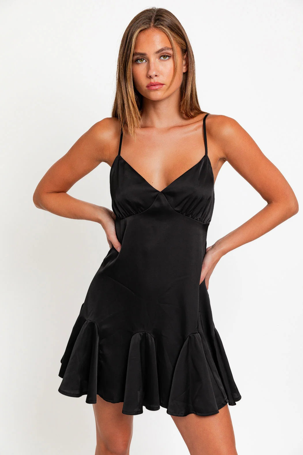 Flare Slip Spaghetti Straps Satin Mini Dress