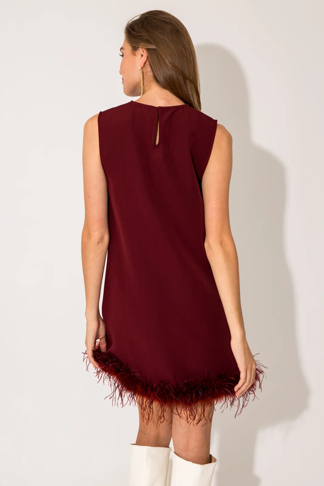 Sleeveless Feather Trim Hemline Holiday Mini Dress