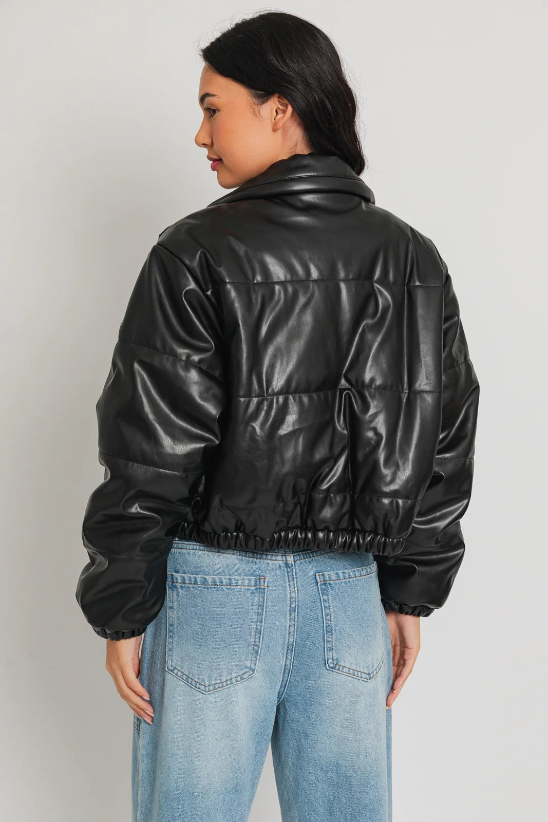 Short Lined Pocketed Faux Leather Puffer Jacket