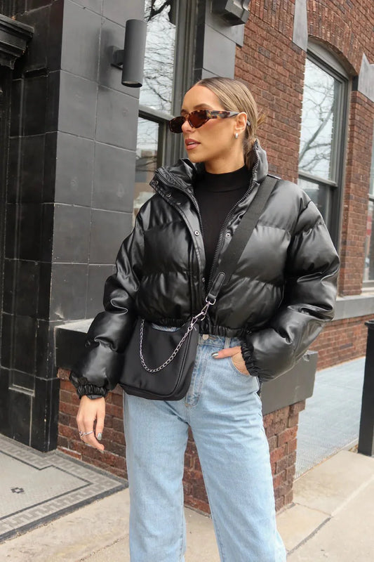 Short Lined Pocketed Faux Leather Puffer Jacket