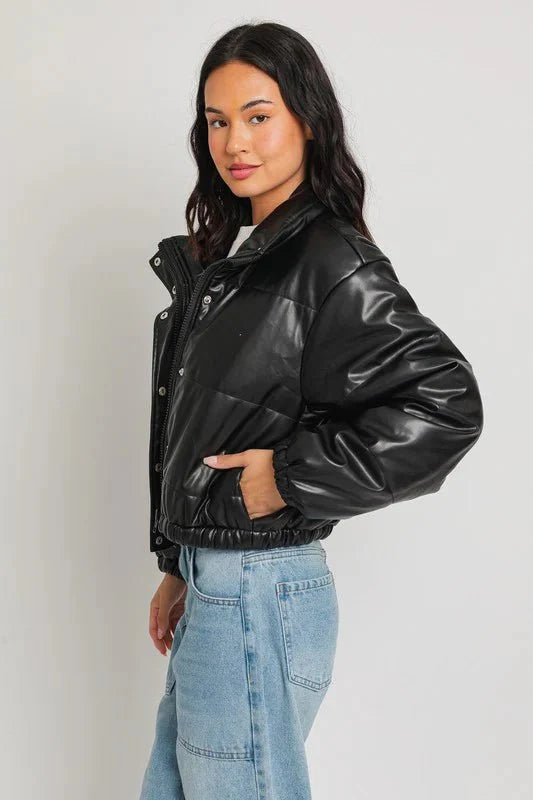 Short Lined Pocketed Faux Leather Puffer Jacket