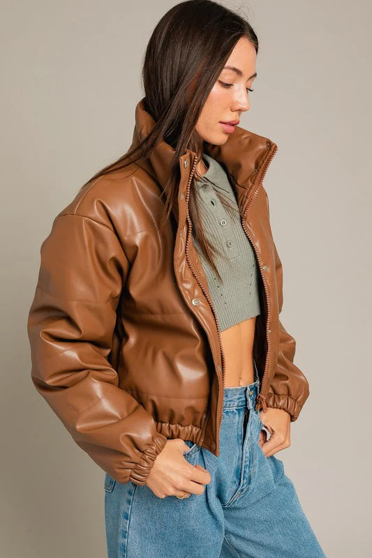 Short Lined Pocketed Faux Leather Puffer Jacket