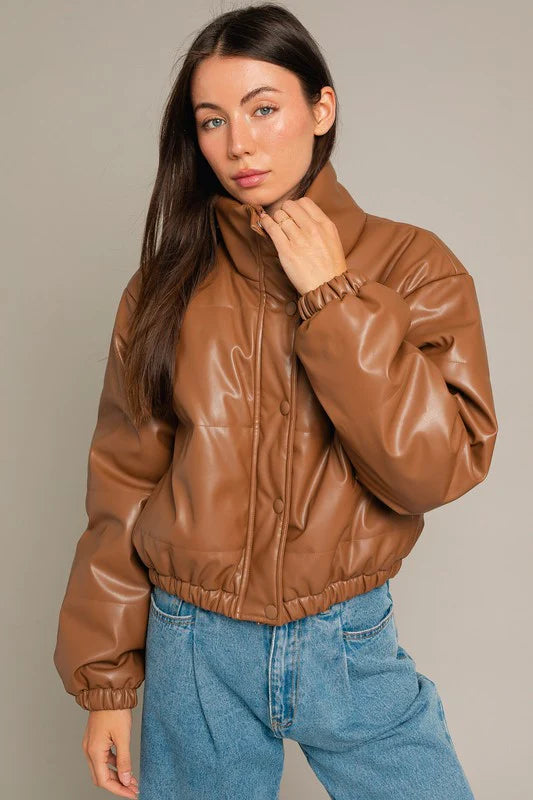 Short Lined Pocketed Faux Leather Puffer Jacket