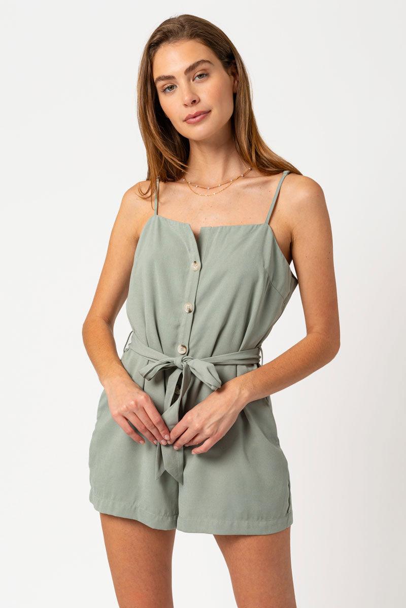 Sleeveless Button Down Belted Romper - Tasha Apparel Wholesale