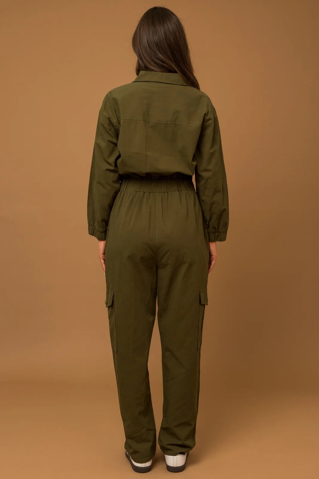 Cotton Front Zipper Elastic Waist Cargo Jumpsuit