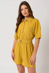 Belted Short Sleeve Button Up Ribbed Romper