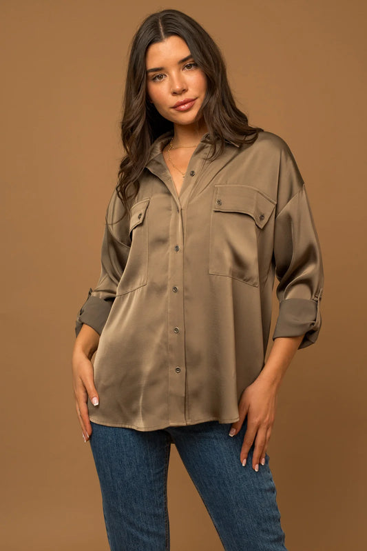 Satin Button Down With A Collar Utility Shirt