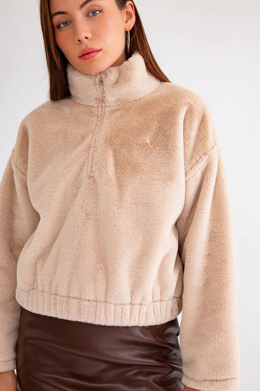 Vegan Fur Half Zip Up Elastic Waist Fuzzy Jacket