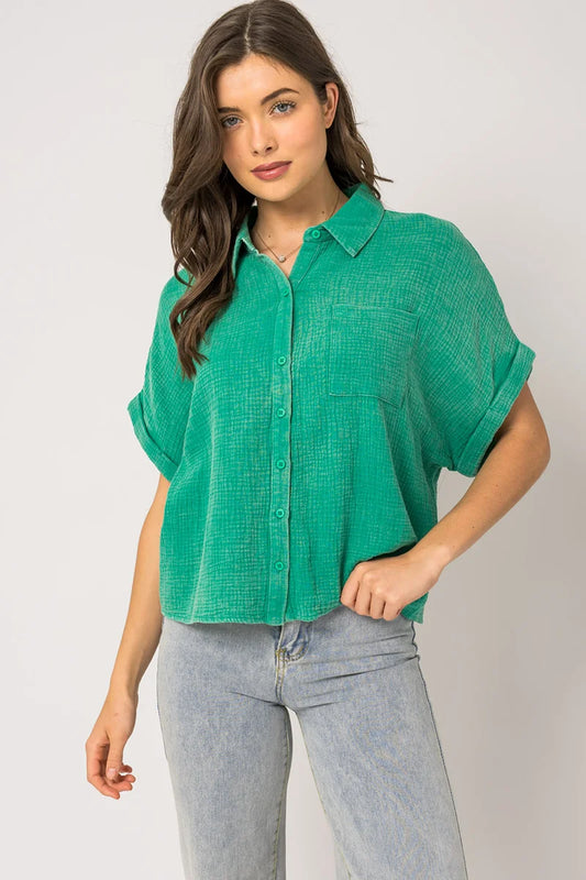 Short Sleeve Washed Double Gquze Blouse