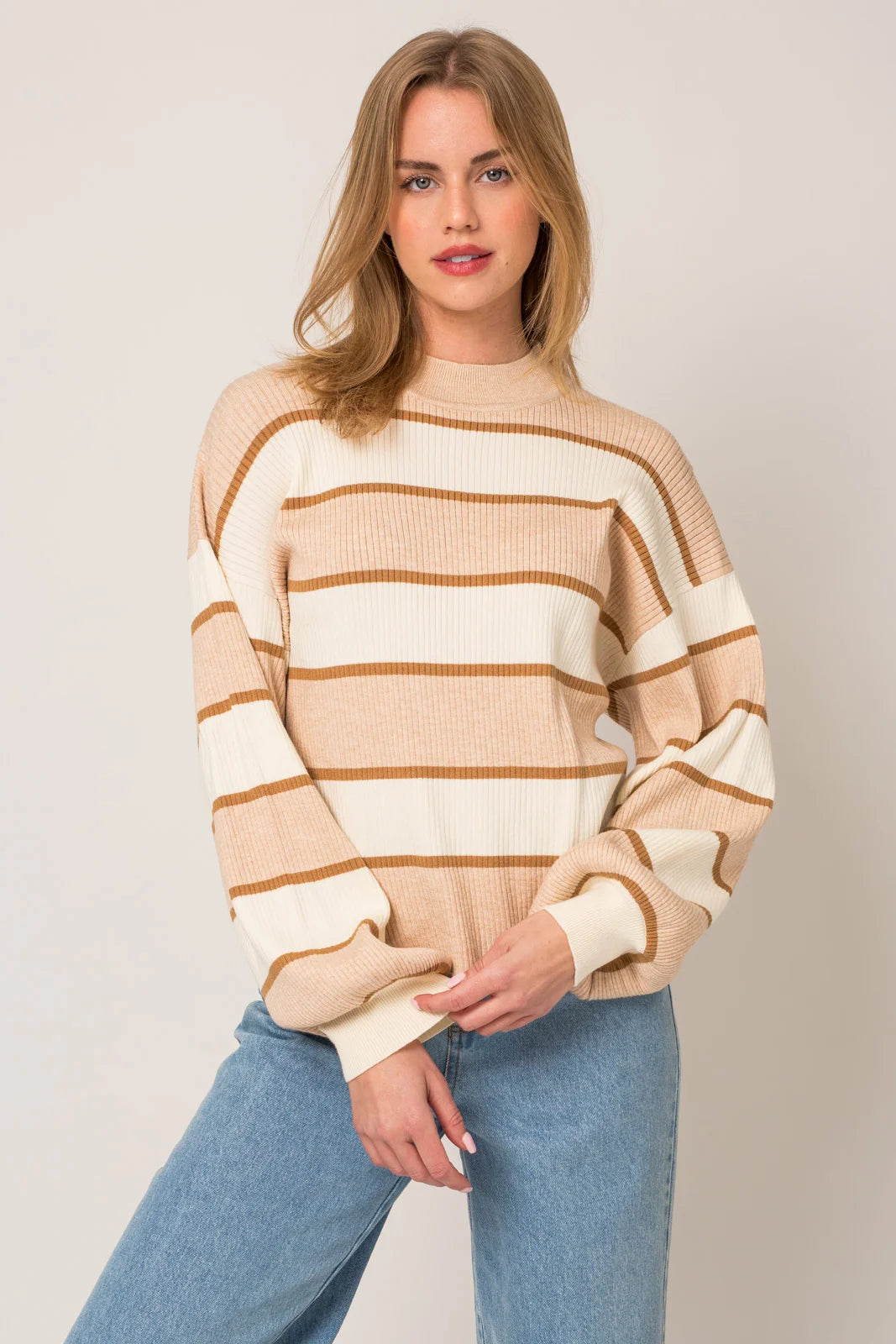 Stripe Mock Neck Long Wide Sleeve Sweater