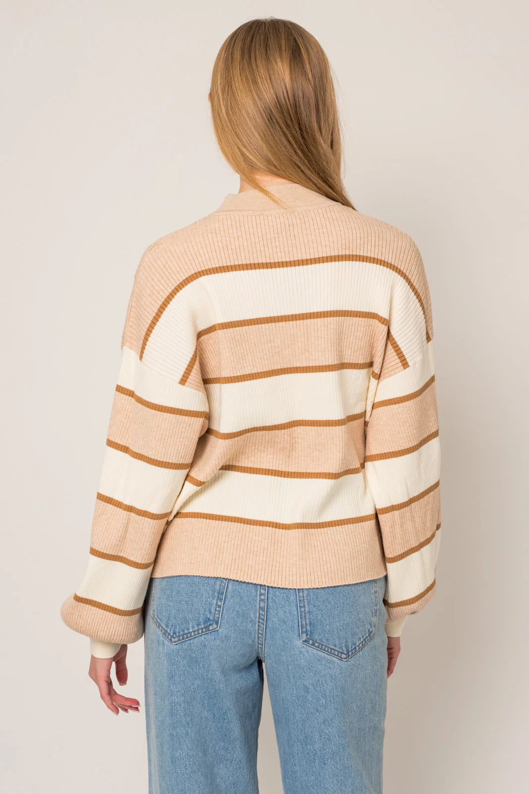 Stripe Mock Neck Long Wide Sleeve Sweater