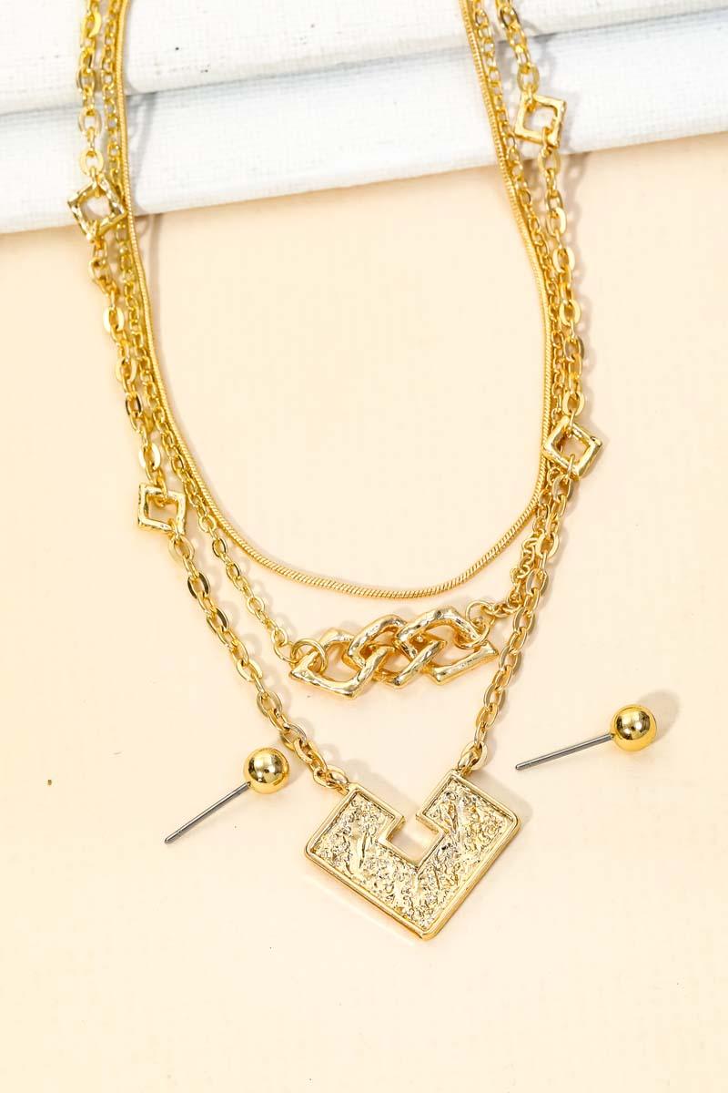 Square Shape Pendant Layered Chain Necklace & Ball Earrings Set - Tasha Apparel Wholesale