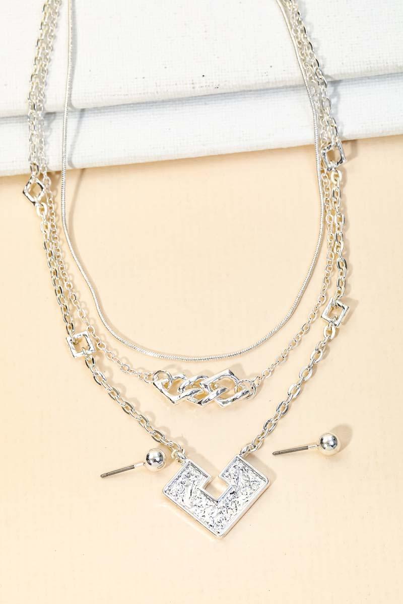 Square Shape Pendant Layered Chain Necklace & Ball Earrings Set - Tasha Apparel Wholesale