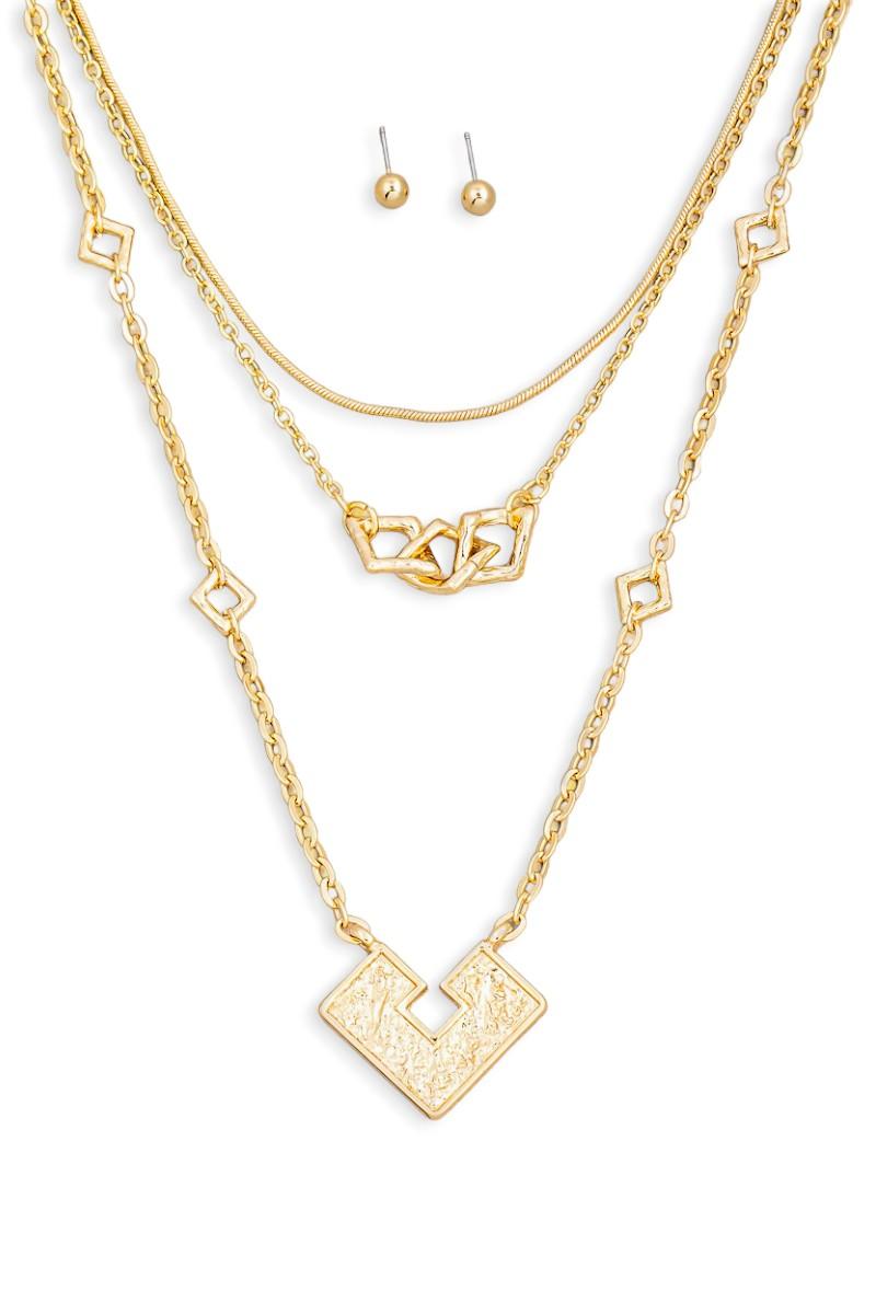 Square Shape Pendant Layered Chain Necklace & Ball Earrings Set - Tasha Apparel Wholesale