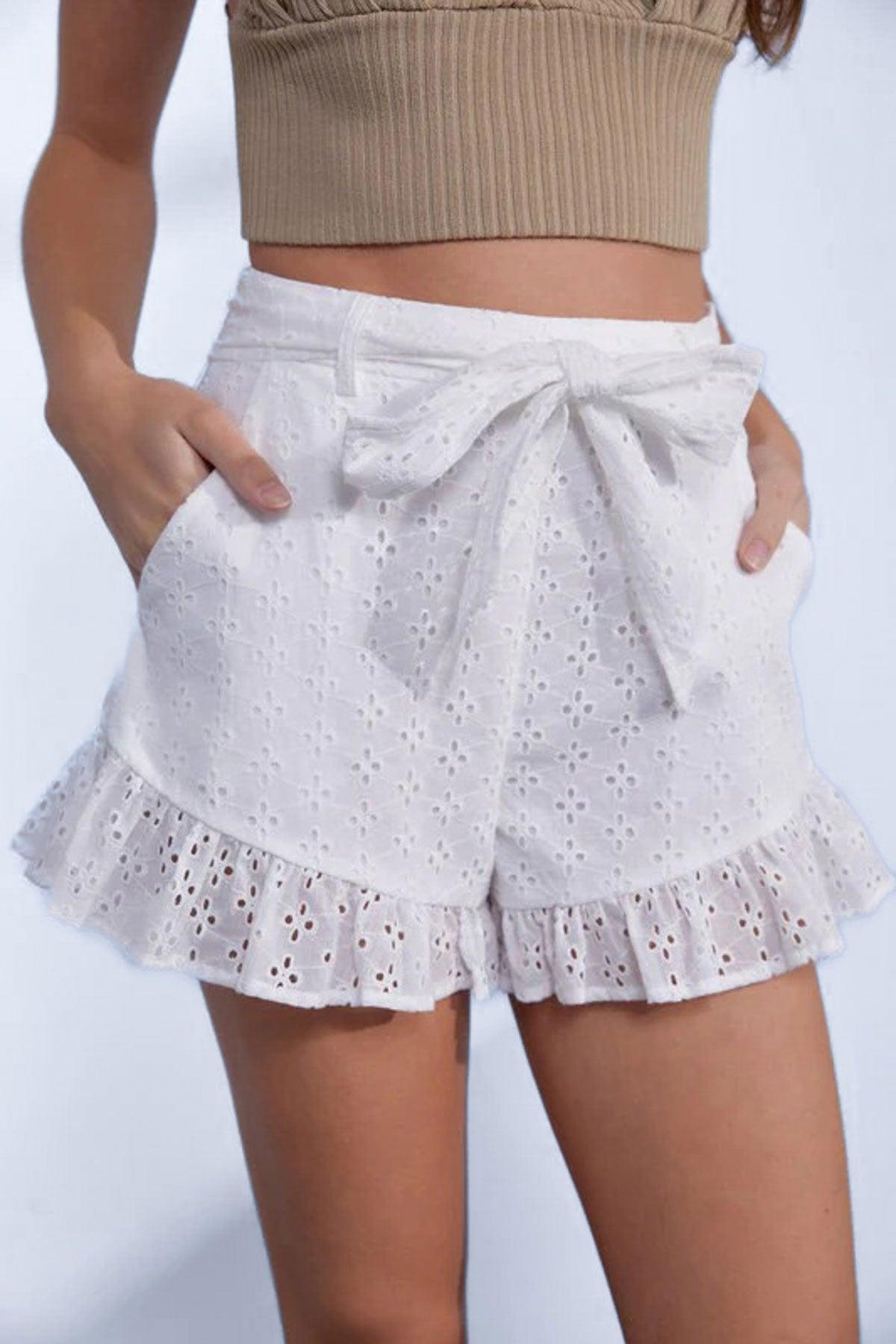 High Waist Eyelet Floral Lace Belted Shorts - Tasha Apparel Wholesale