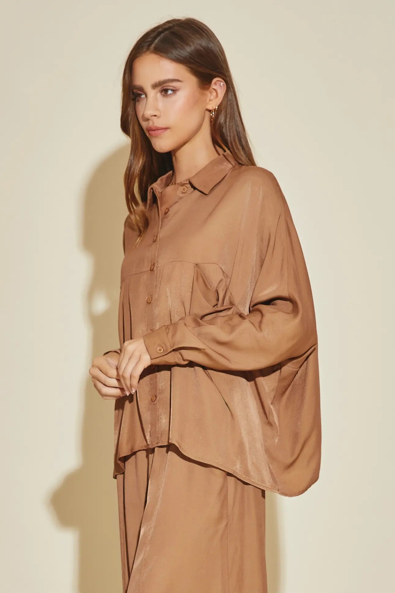 Luxe Satin Button-Down Oversized Flare Shirt