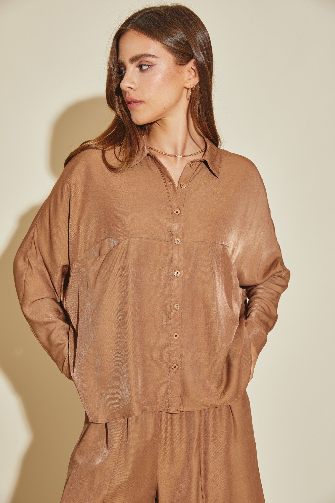 Luxe Satin Button-Down Oversized Flare Shirt