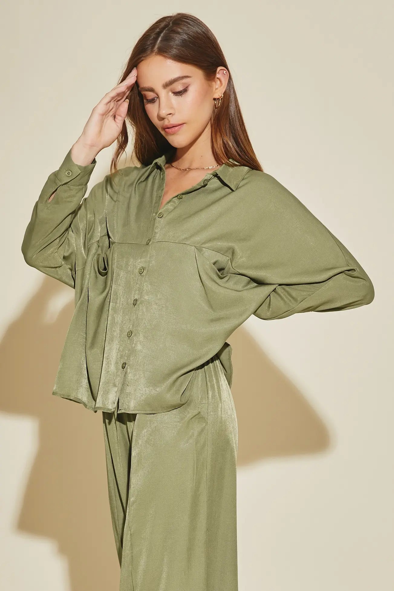 Luxe Satin Button-Down Oversized Flare Shirt