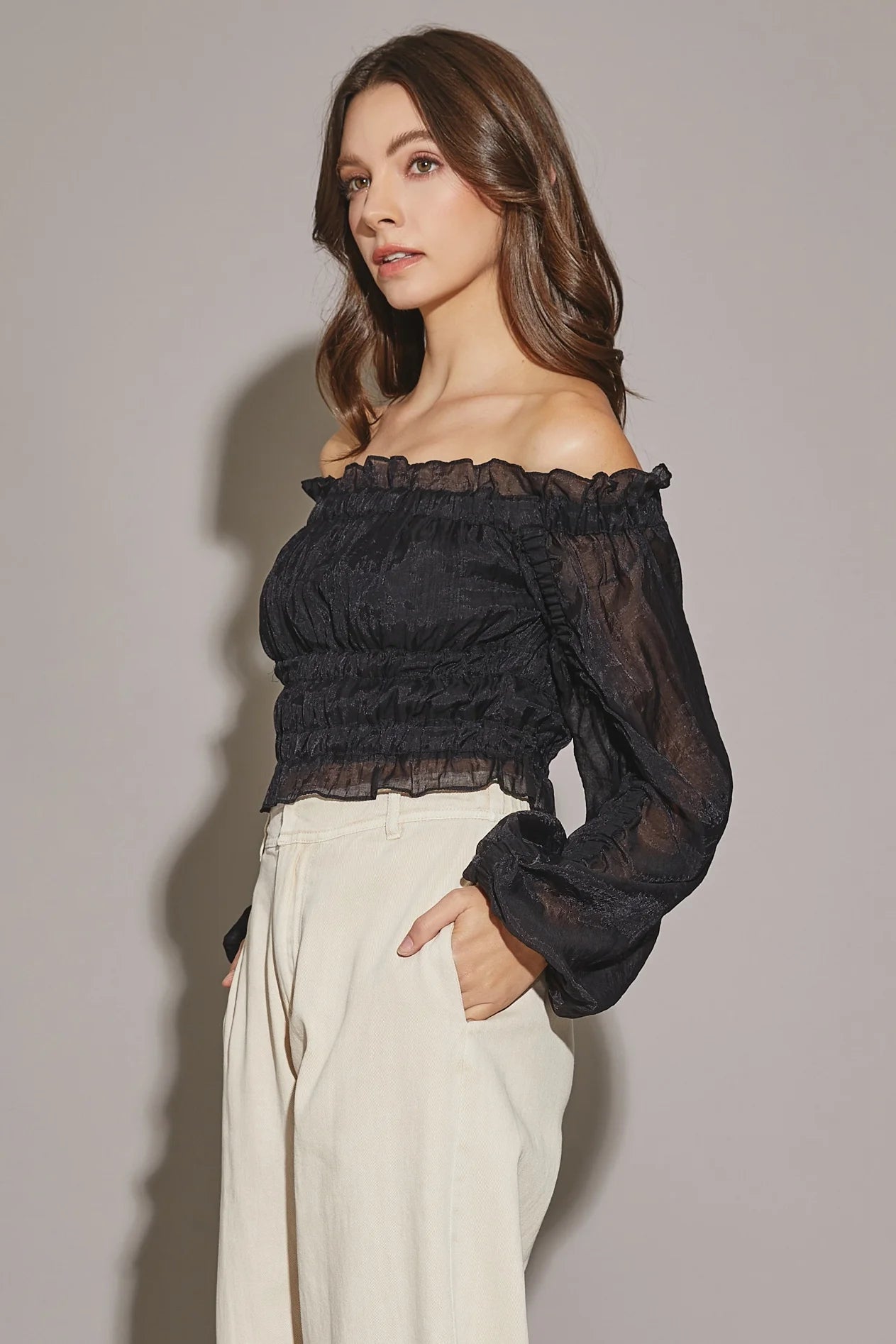 Off The Shoulder Shirring Crop Blouse