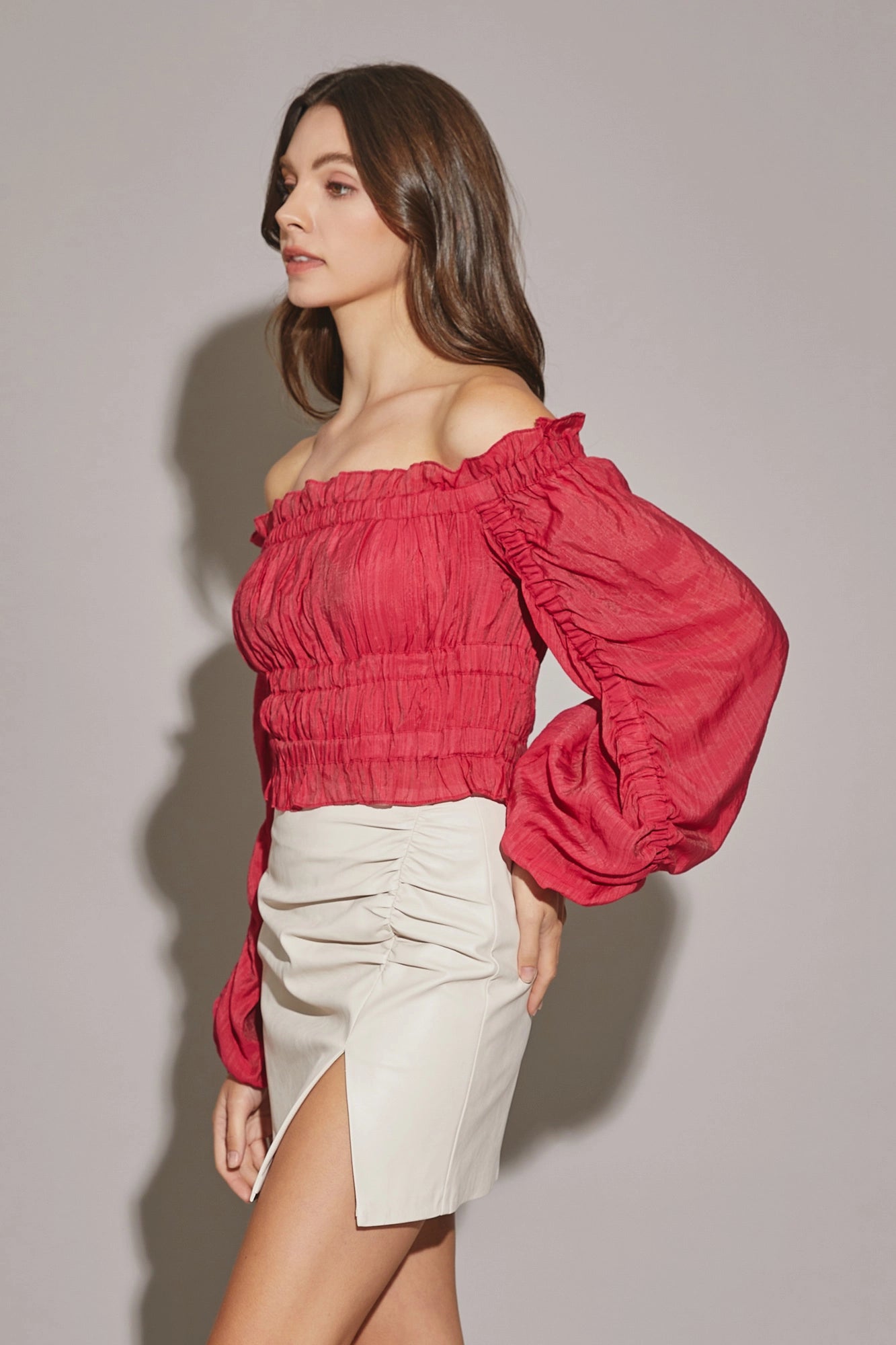 Off The Shoulder Shirring Crop Blouse