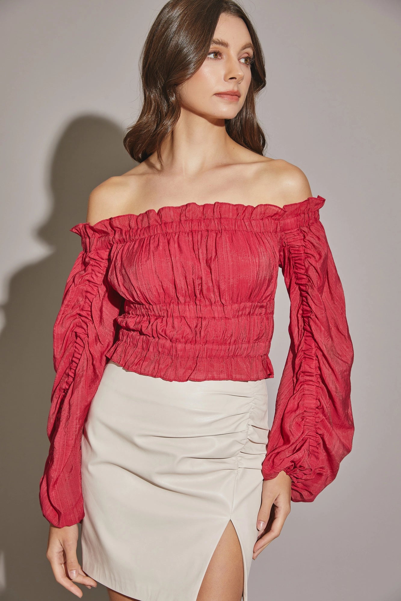 Off The Shoulder Shirring Crop Blouse