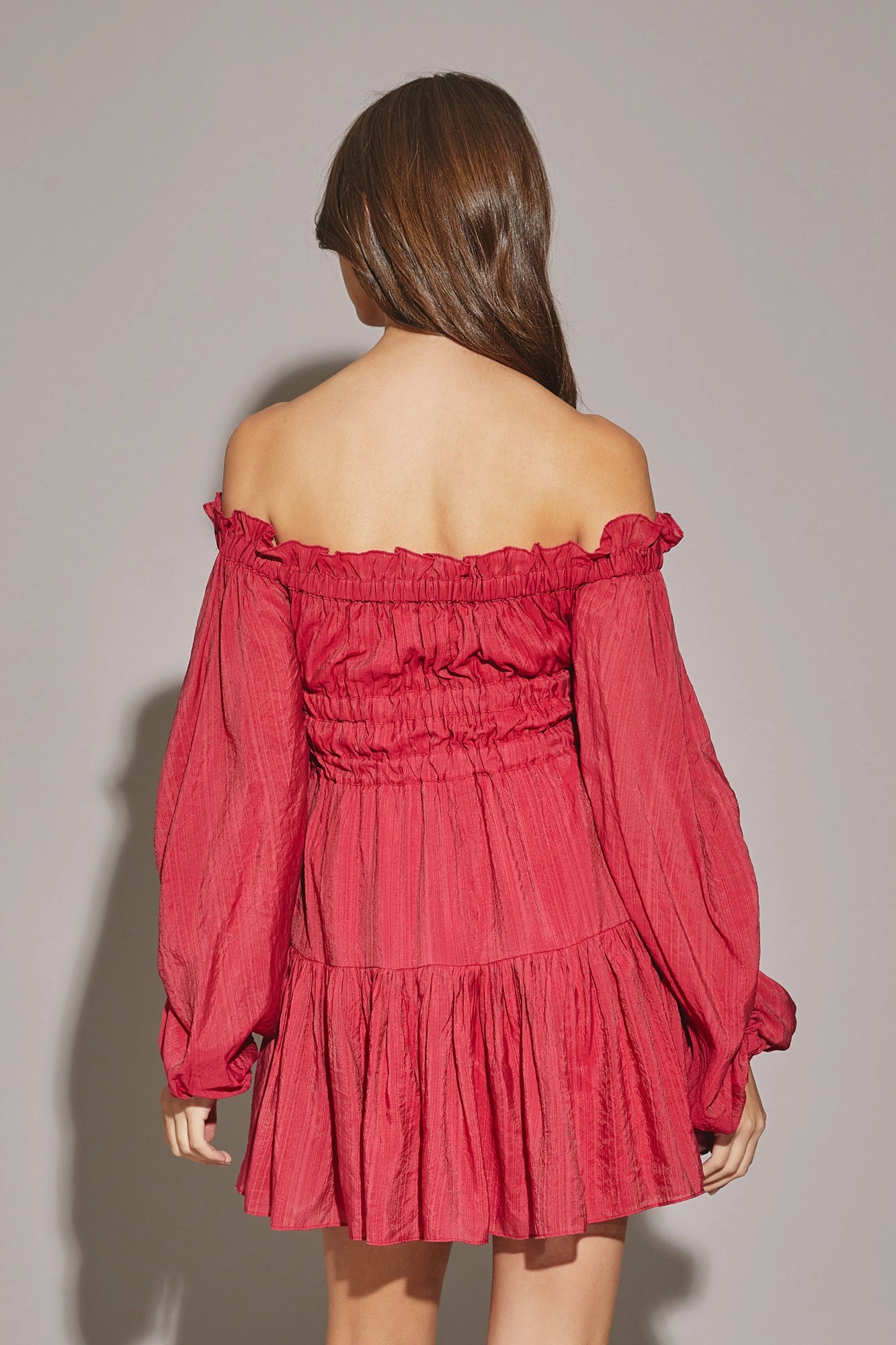 Off The Shoulder Shirred Tiered Hem Mini Dress